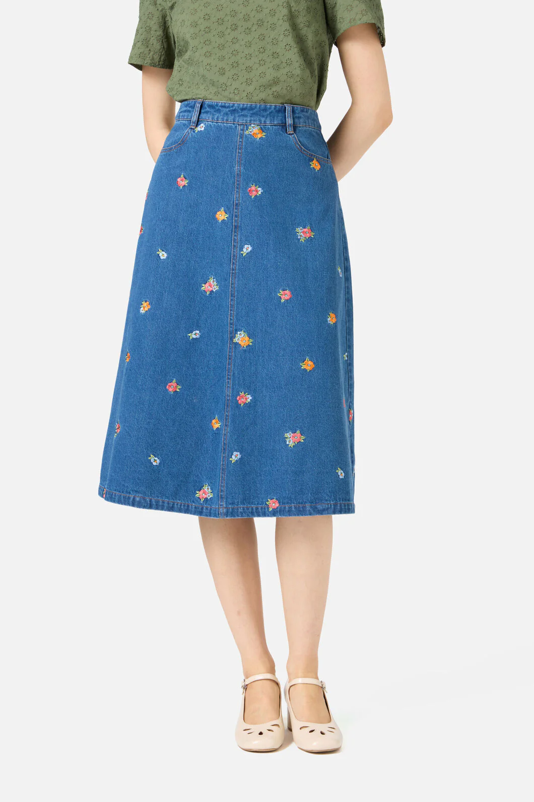 Floral Embroidered Denim Skirt - Image 3