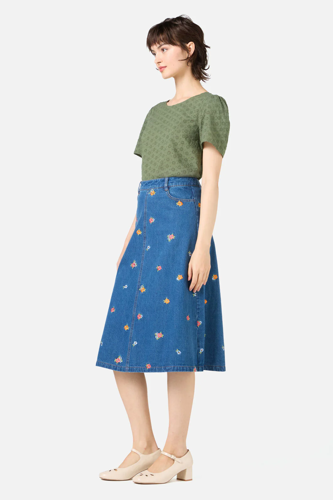 Floral Embroidered Denim Skirt - Image 4