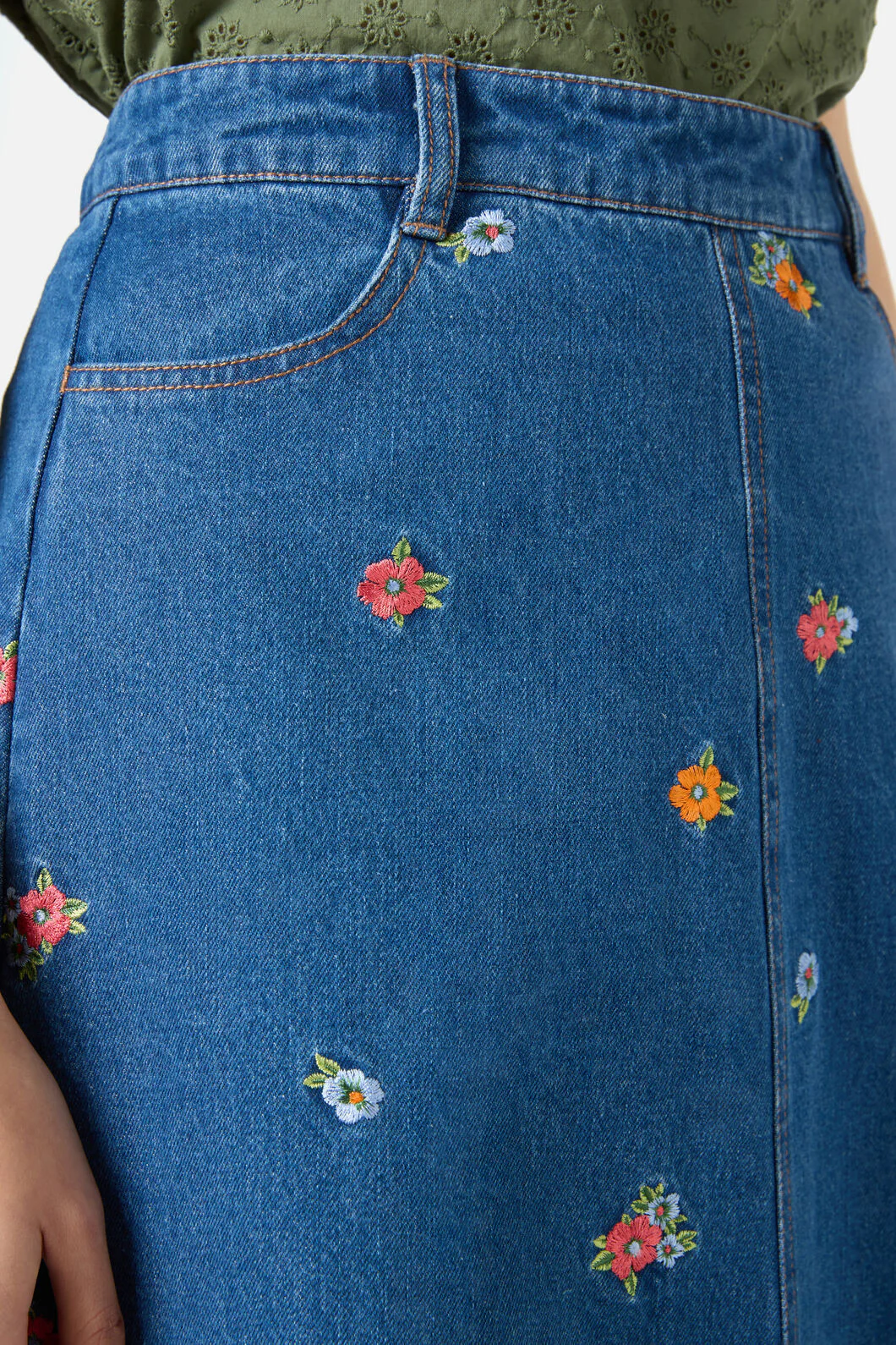 Floral Embroidered Denim Skirt - Image 6