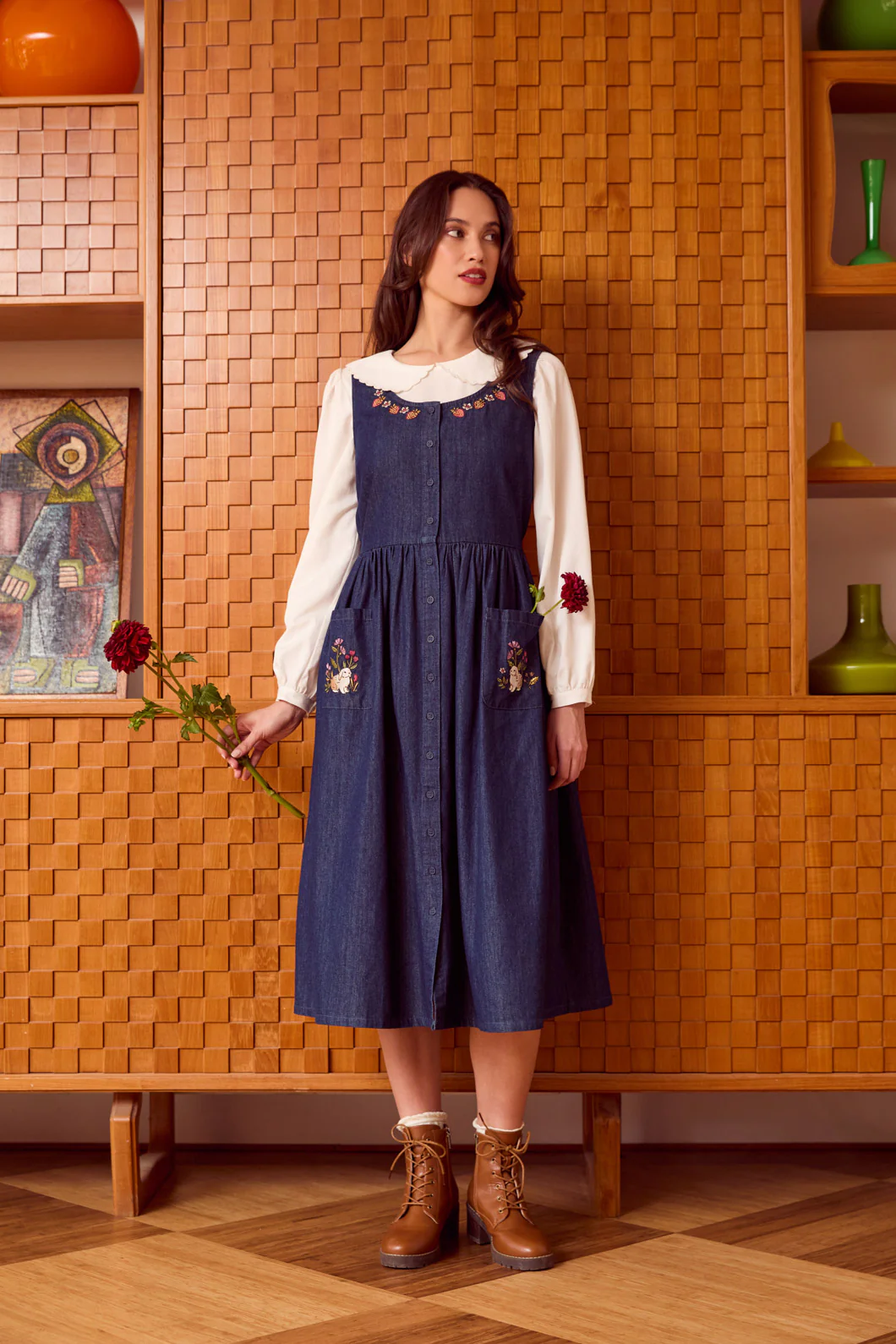 Rabbit Embroidered Denim Dress - Image 2