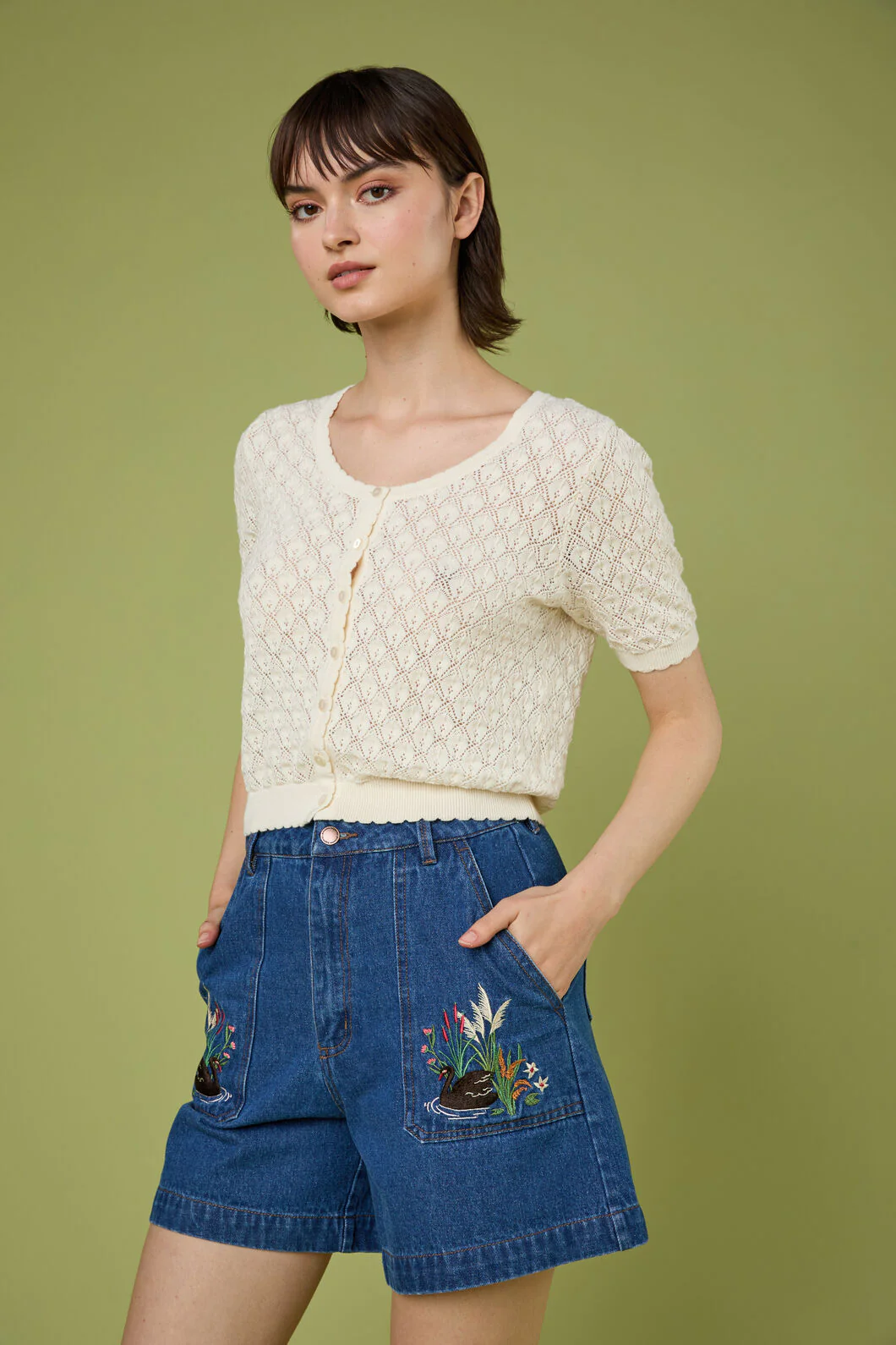 Swan Embroidered Denim Short - Image 2